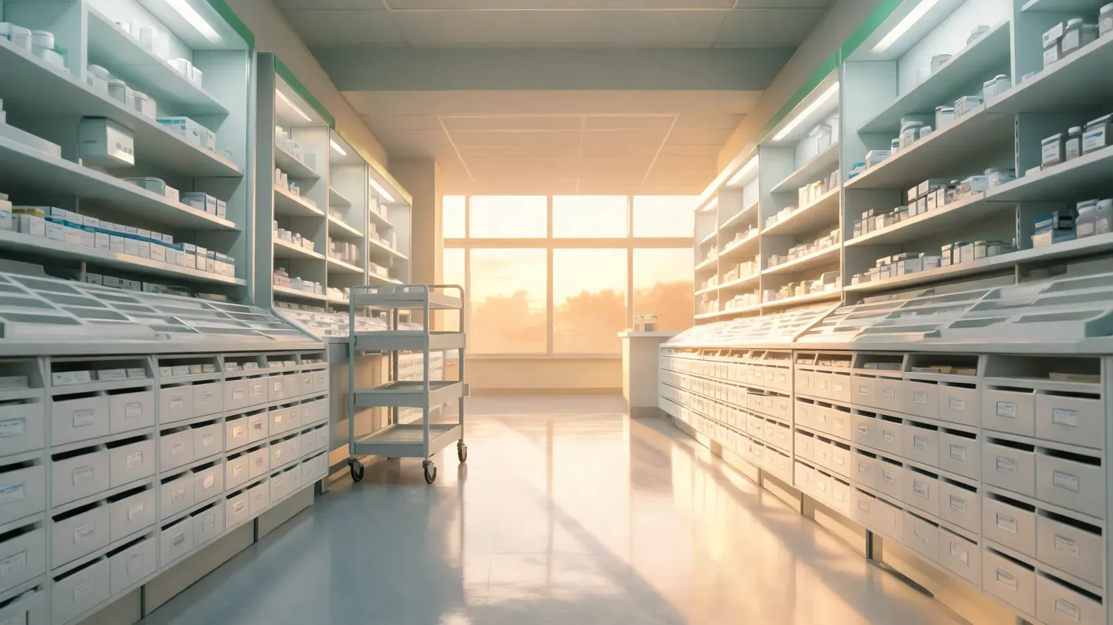 An empty hospital pharmacy aisle lined with medicine shelves and drawers, leading to a sunlit window