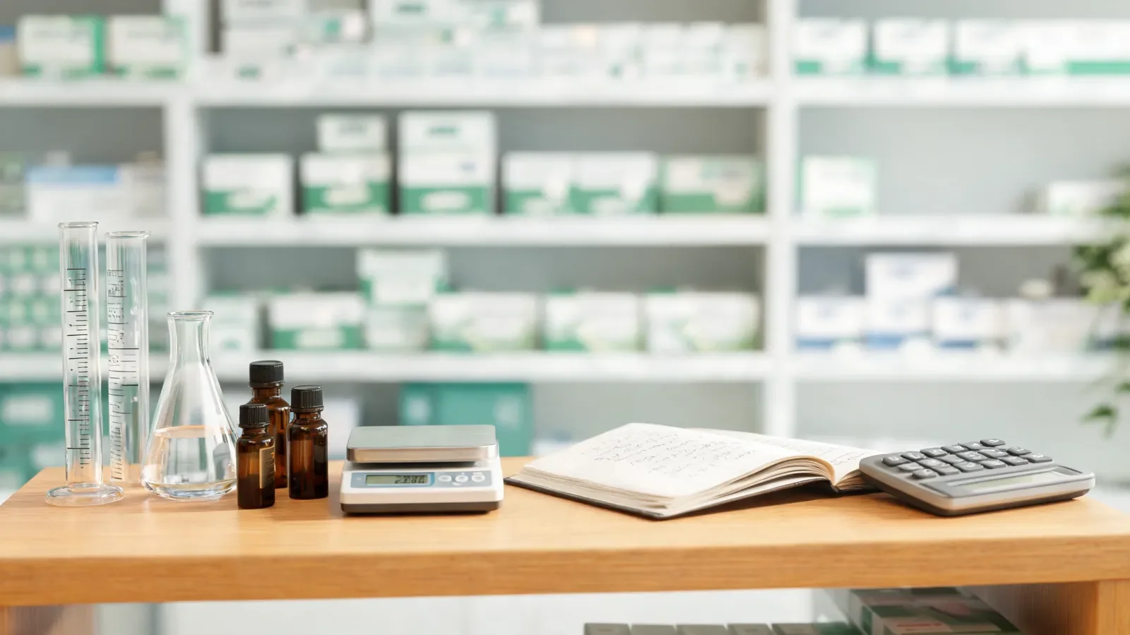 Measuring cylinders, a conical flask, amber bottles and a digital balance on a pharmacy bench beside a notebook and calculator