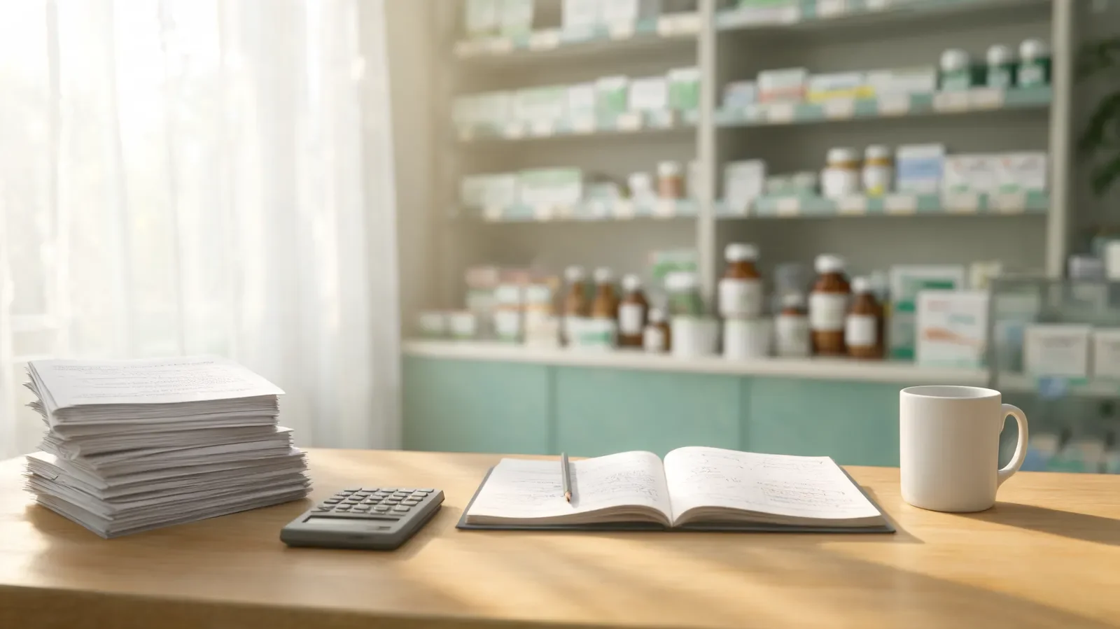 A study desk with stacks of practice papers, an open notebook and a calculator in front of pharmacy shelves