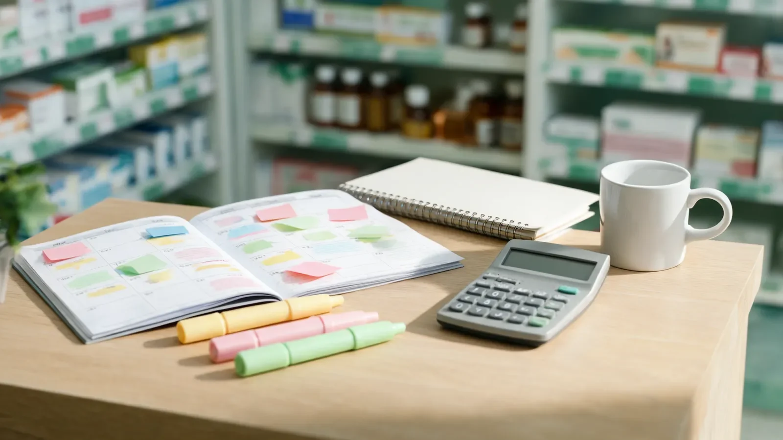 A weekly revision planner covered in colour-coded sticky notes, with highlighters and a calculator on a desk in a pharmacy