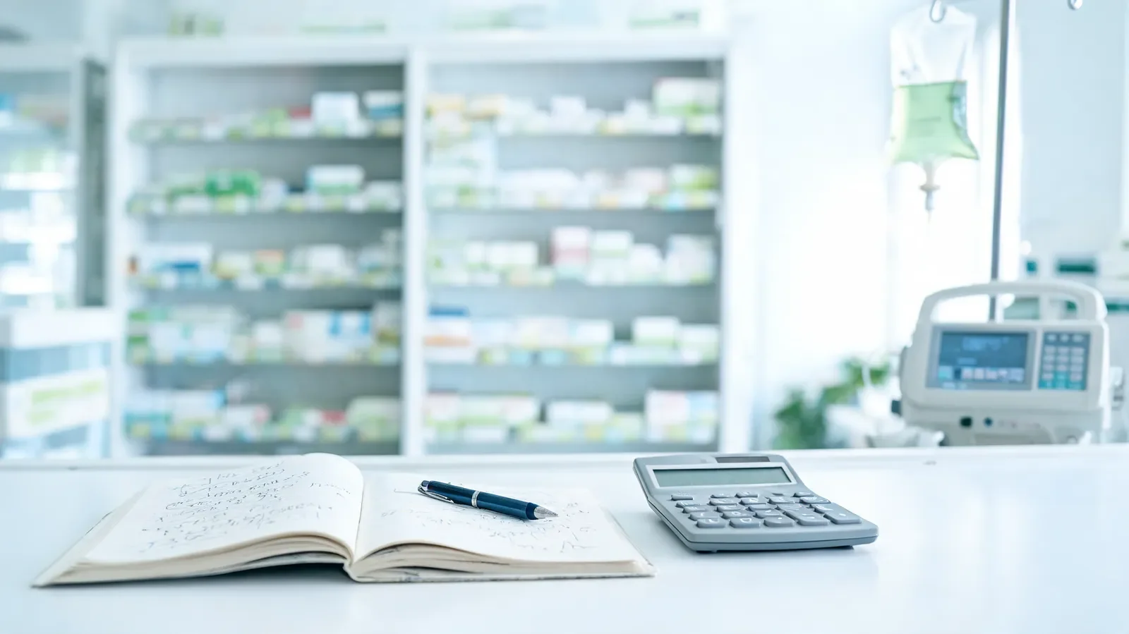 An open notebook of calculation workings and a calculator, with an IV fluid bag and infusion pump in a hospital pharmacy behind